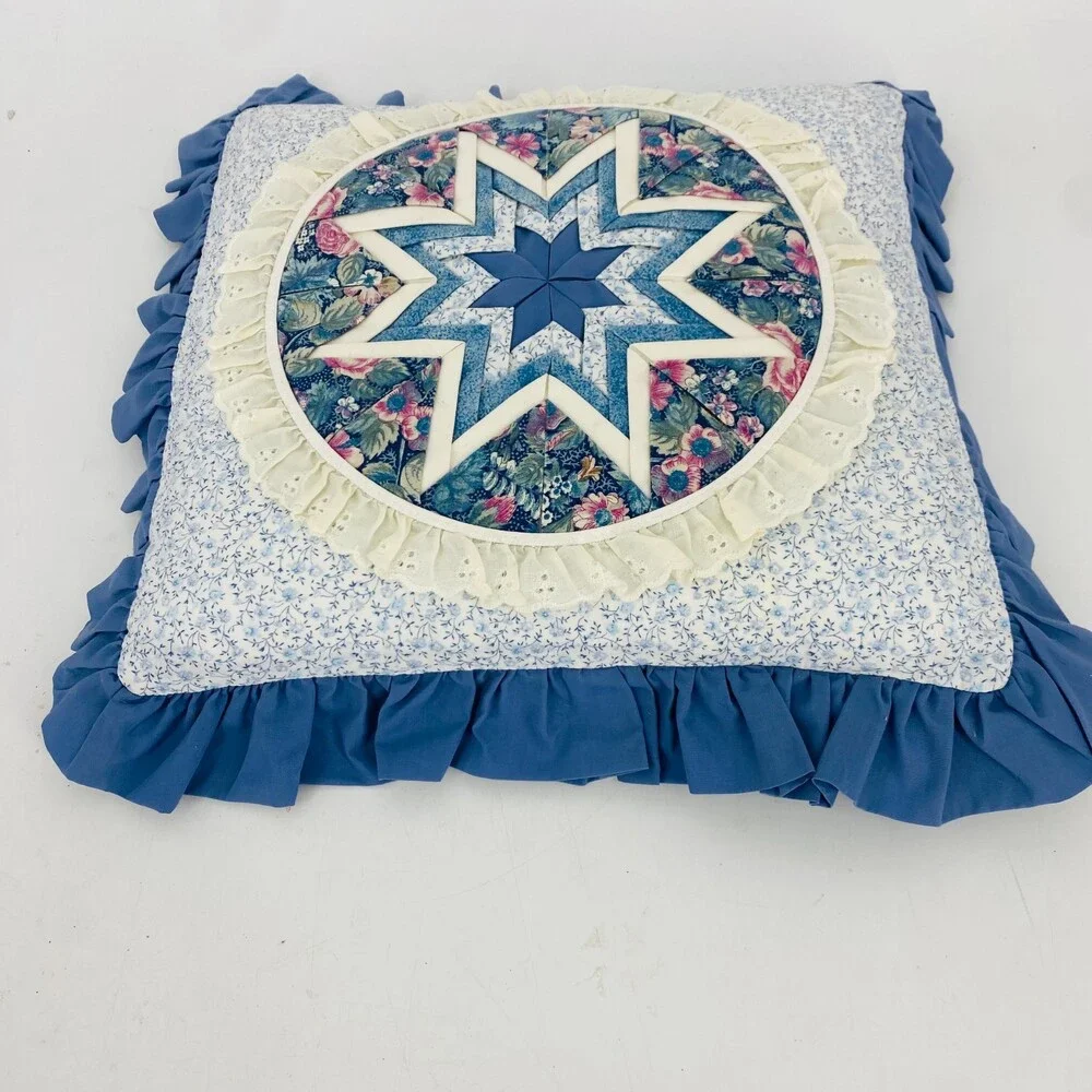Vintage Handmade Amish Quilt Star Throw Pillow Blue White Floral Patchwork Ruffl